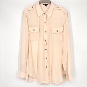 Vince Silk Utility Button Down Shirt Sz L Cream Silver Utility Flowy Lightweight
